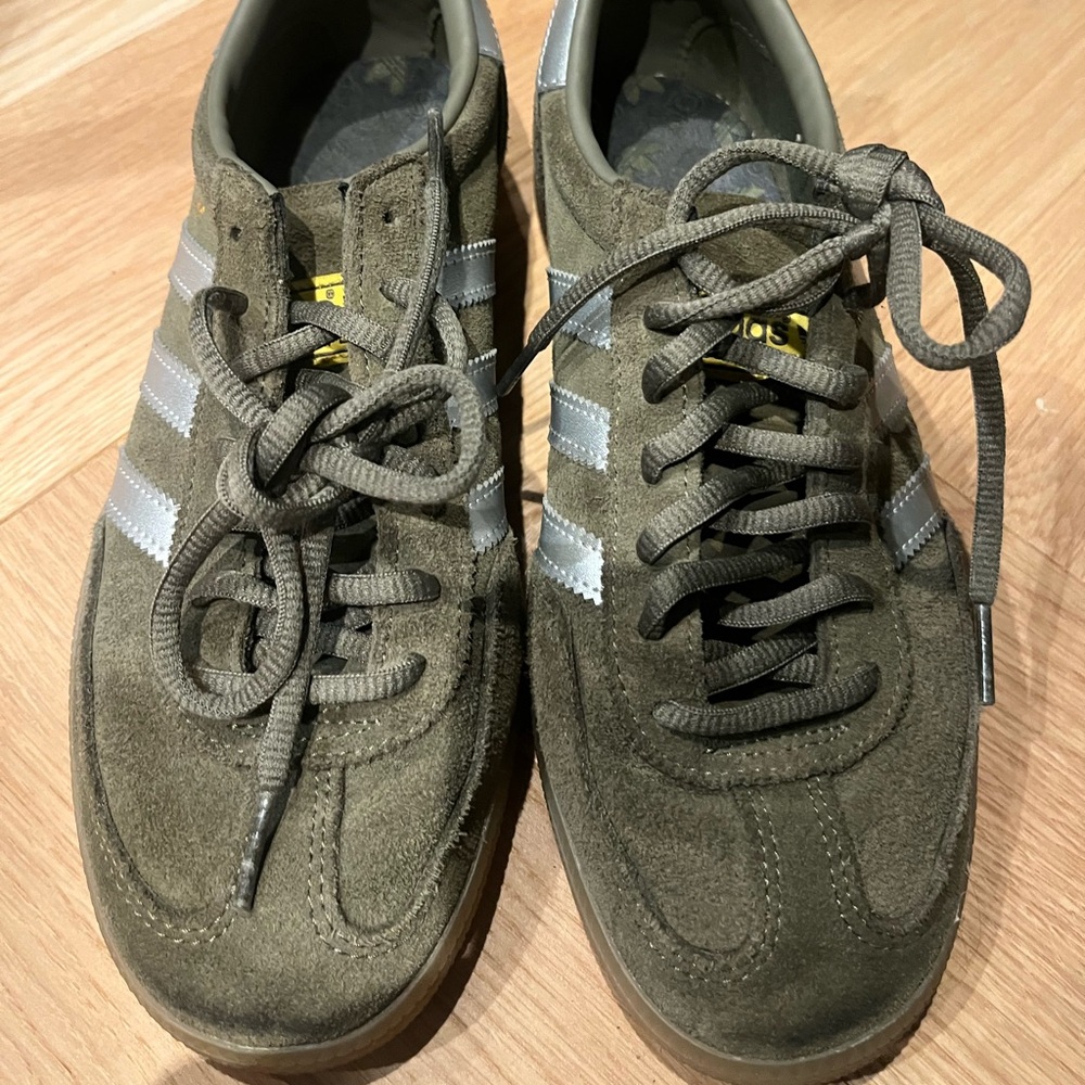 adidas Khaki Suede Sneakers with Metallic Stripes